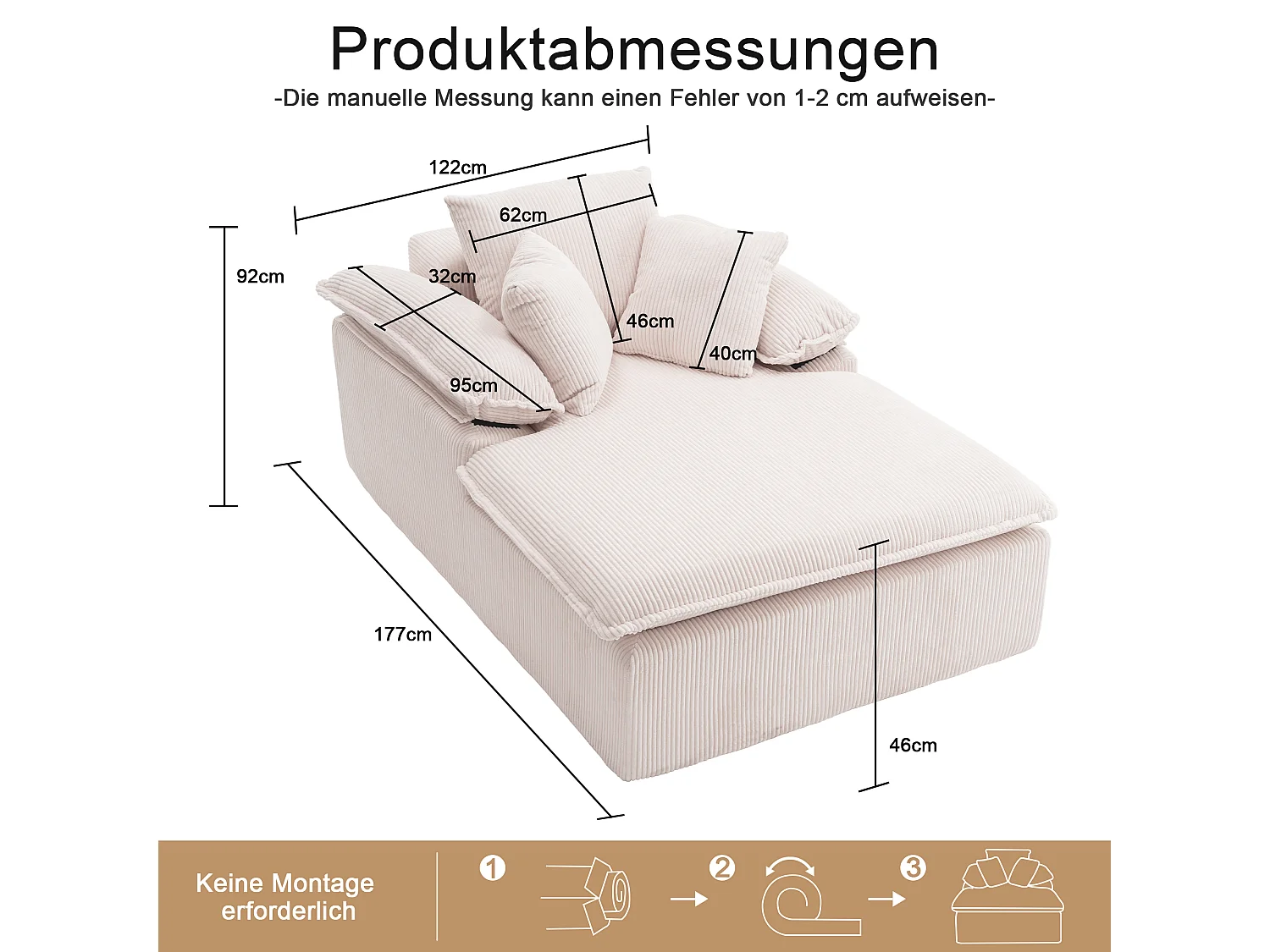 Canapé inclinable 1 place - Fauteuil lounge en velours côtelé - Sans montage - Blanc