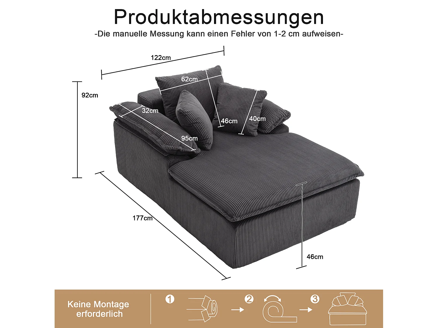 Canapé inclinable 1 place - Fauteuil lounge en velours côtelé - Sans montage - Gris