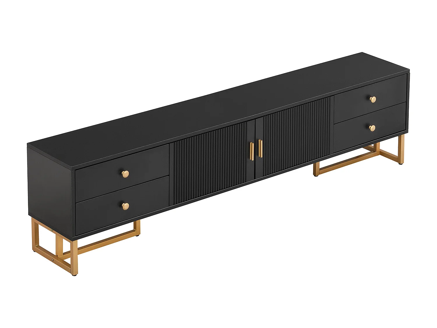 Meuble TV avec 2 portes et 4 tiroirs - Pieds en métal doré- Noir