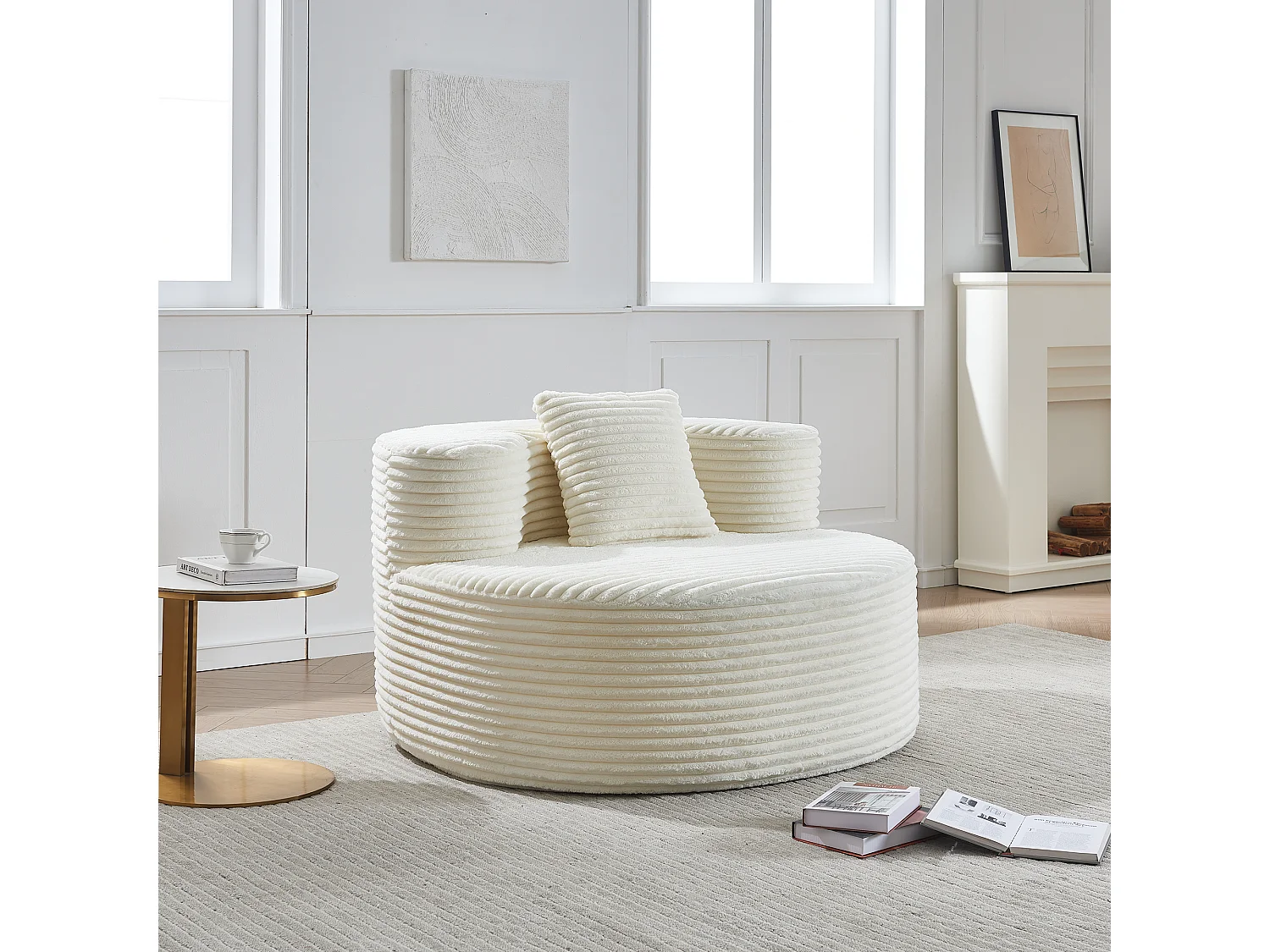 Fauteuil pouf rond avec coussin - Tissu flanelle beige - Pour salon, chambre et appartement