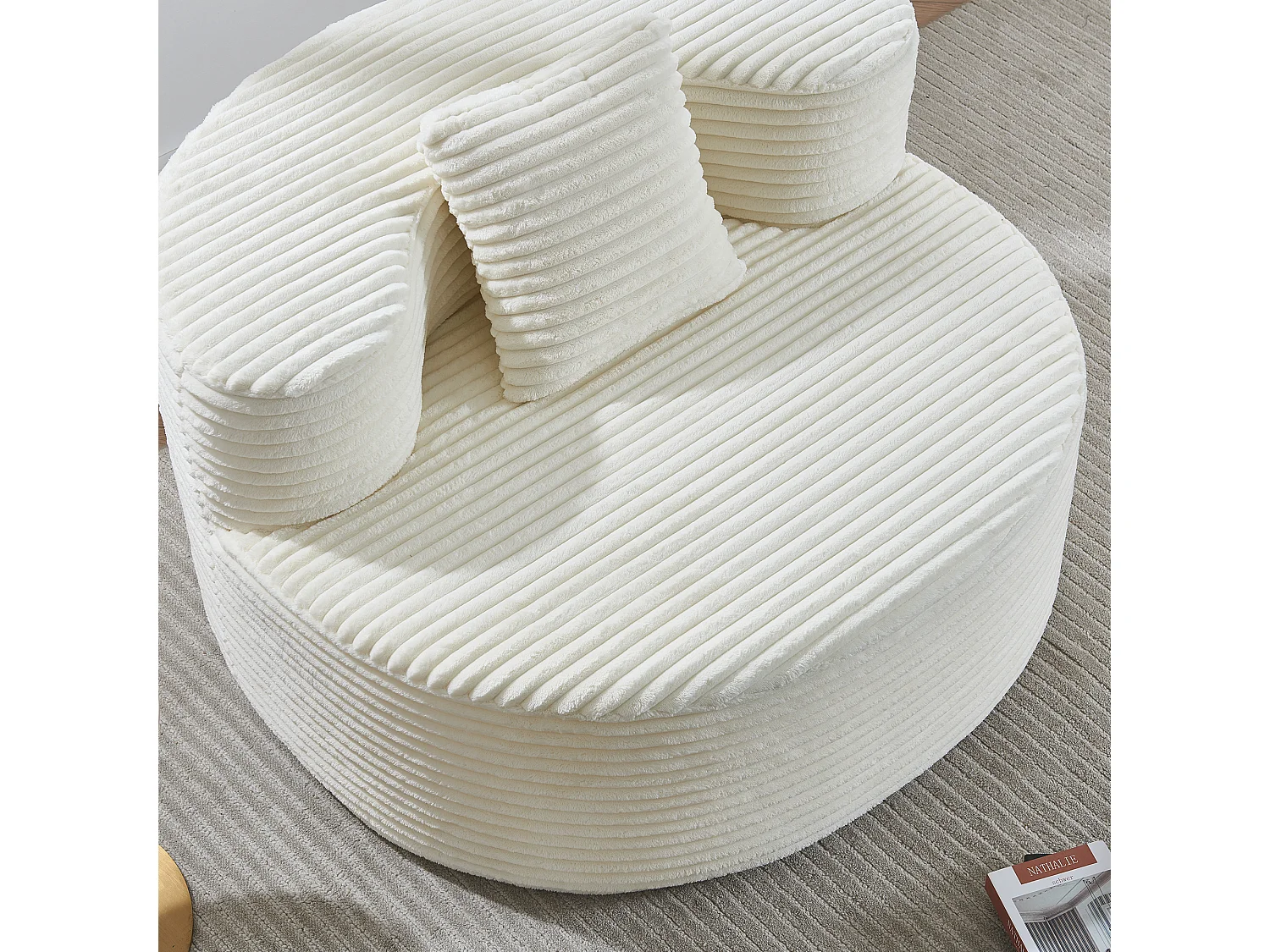 Fauteuil pouf rond avec coussin - Tissu flanelle beige - Pour salon, chambre et appartement