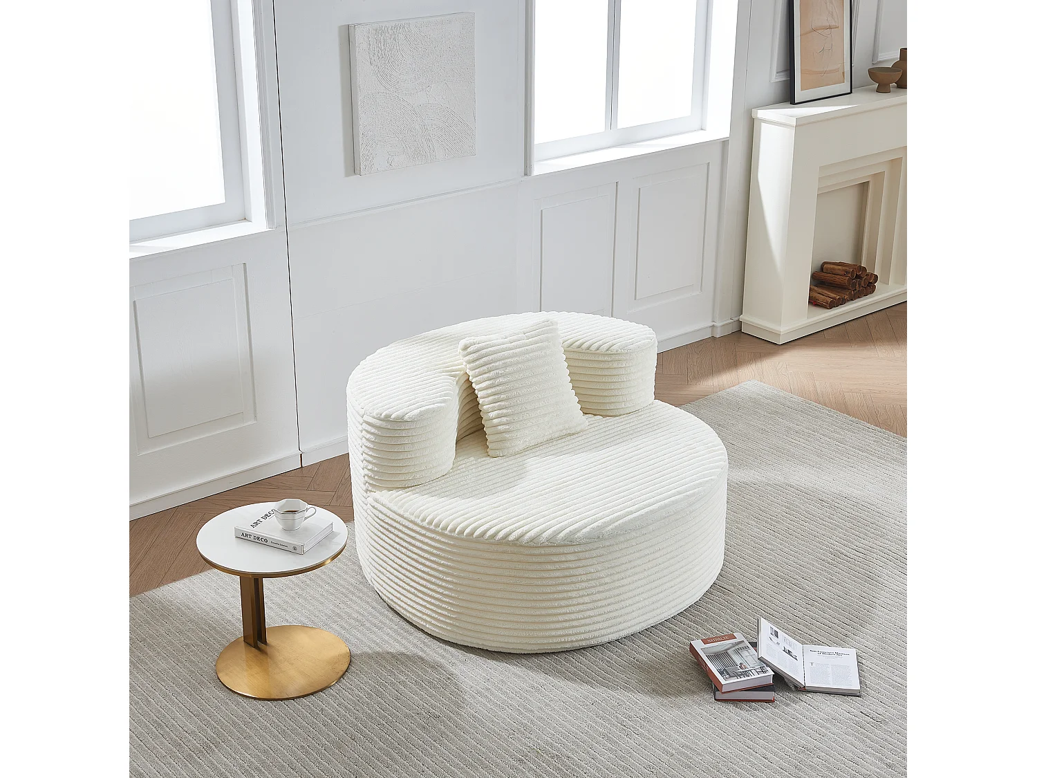 Fauteuil pouf rond avec coussin - Tissu flanelle beige - Pour salon, chambre et appartement