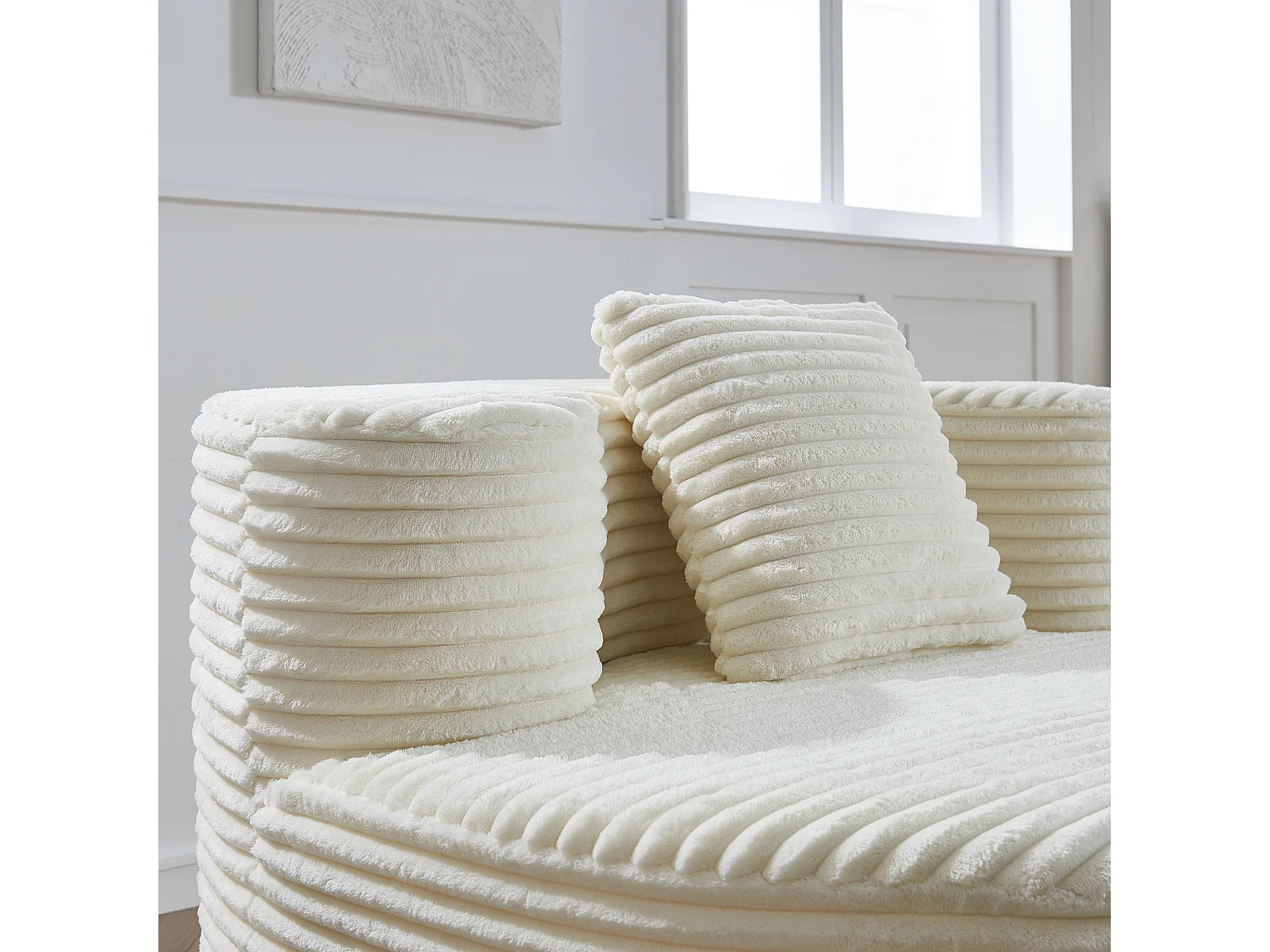 Fauteuil pouf rond avec coussin - Tissu flanelle beige - Pour salon, chambre et appartement