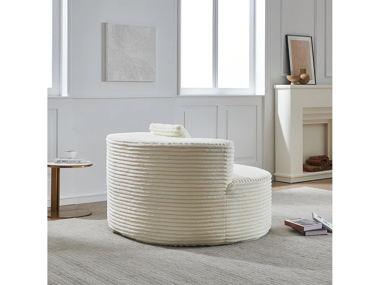 Fauteuil pouf rond avec coussin - Tissu flanelle beige - Pour salon, chambre et appartement