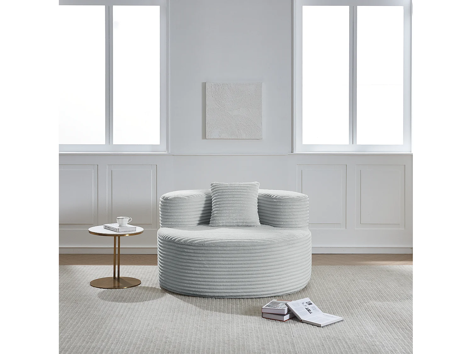 Fauteuil pouf rond avec coussin - Tissu flanelle gris - Pour salon, chambre et appartement