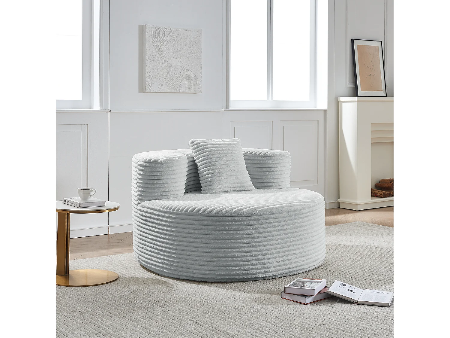 Fauteuil pouf rond avec coussin - Tissu flanelle gris - Pour salon, chambre et appartement