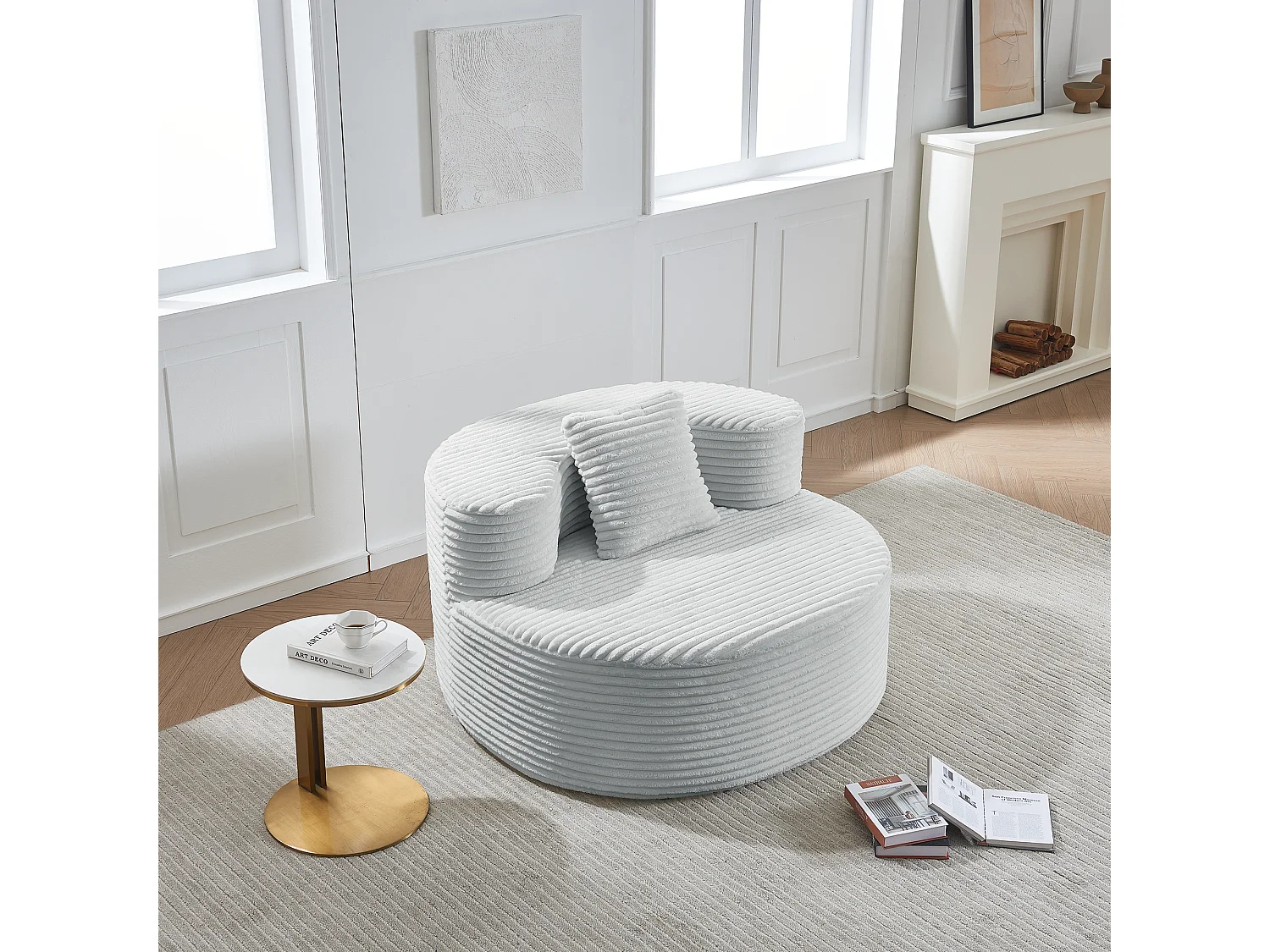 Fauteuil pouf rond avec coussin - Tissu flanelle gris - Pour salon, chambre et appartement