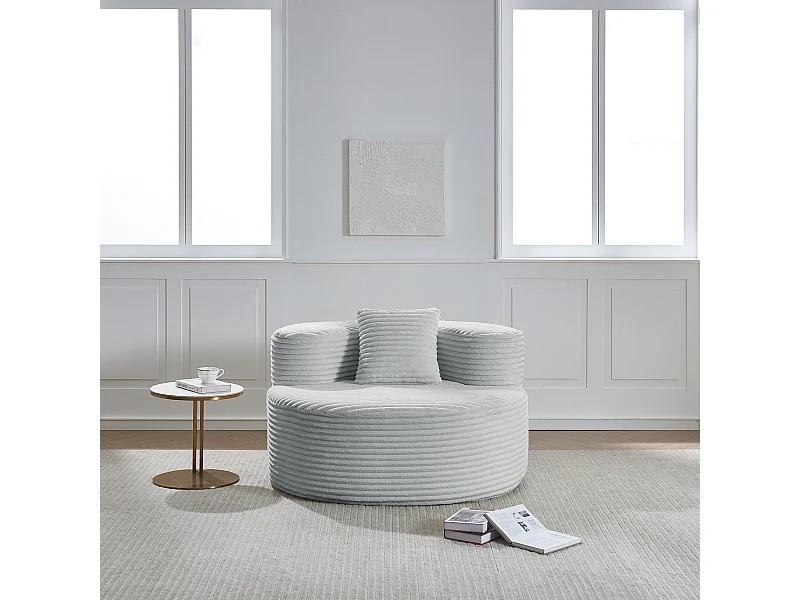 Fauteuil pouf rond avec coussin - Tissu flanelle gris - Pour salon, chambre et appartement