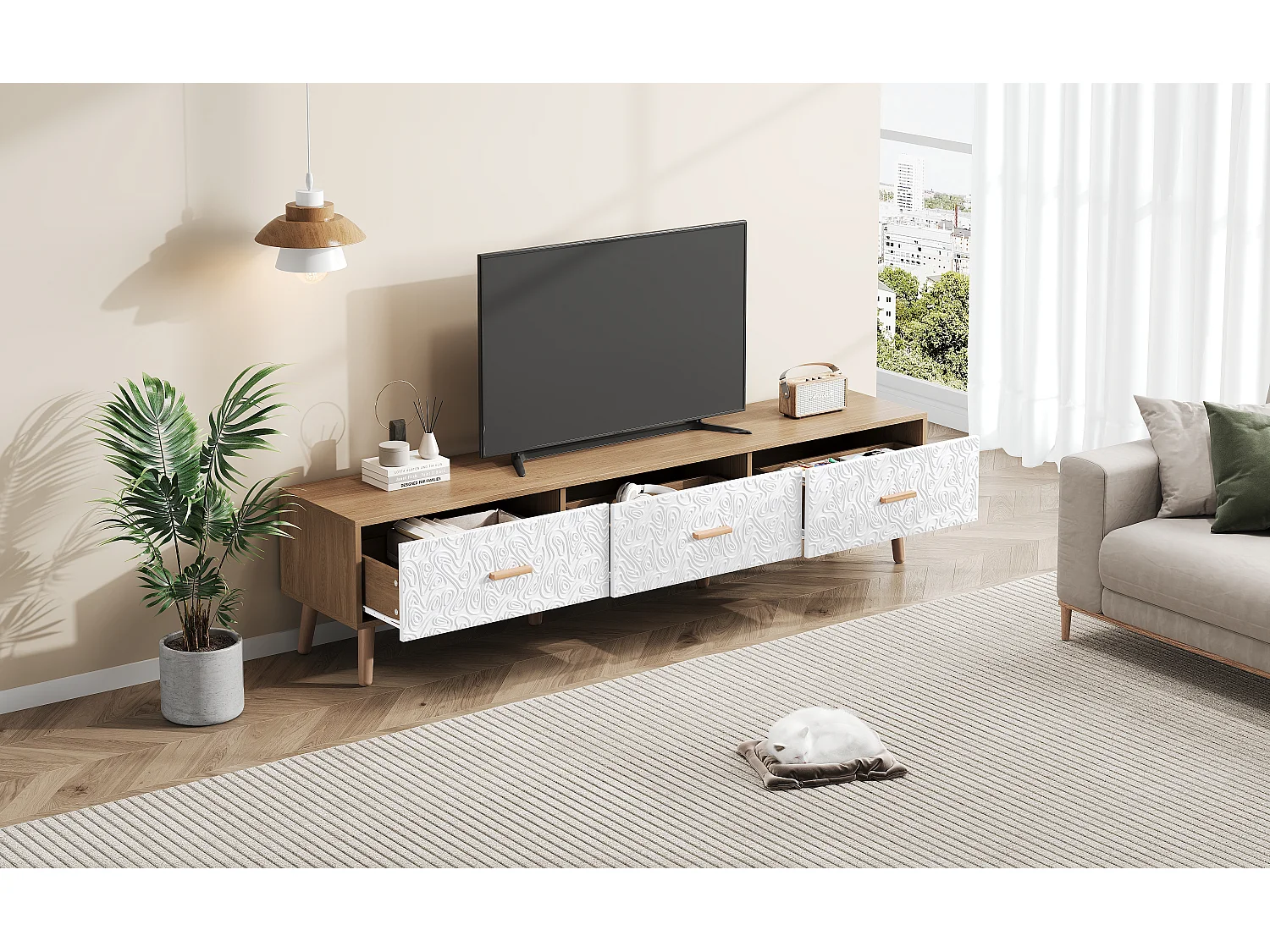 TV-meubel met 3 lades - Gestructureerd wit deurpaneel - Natuurlijke kleur 150x35x39cm