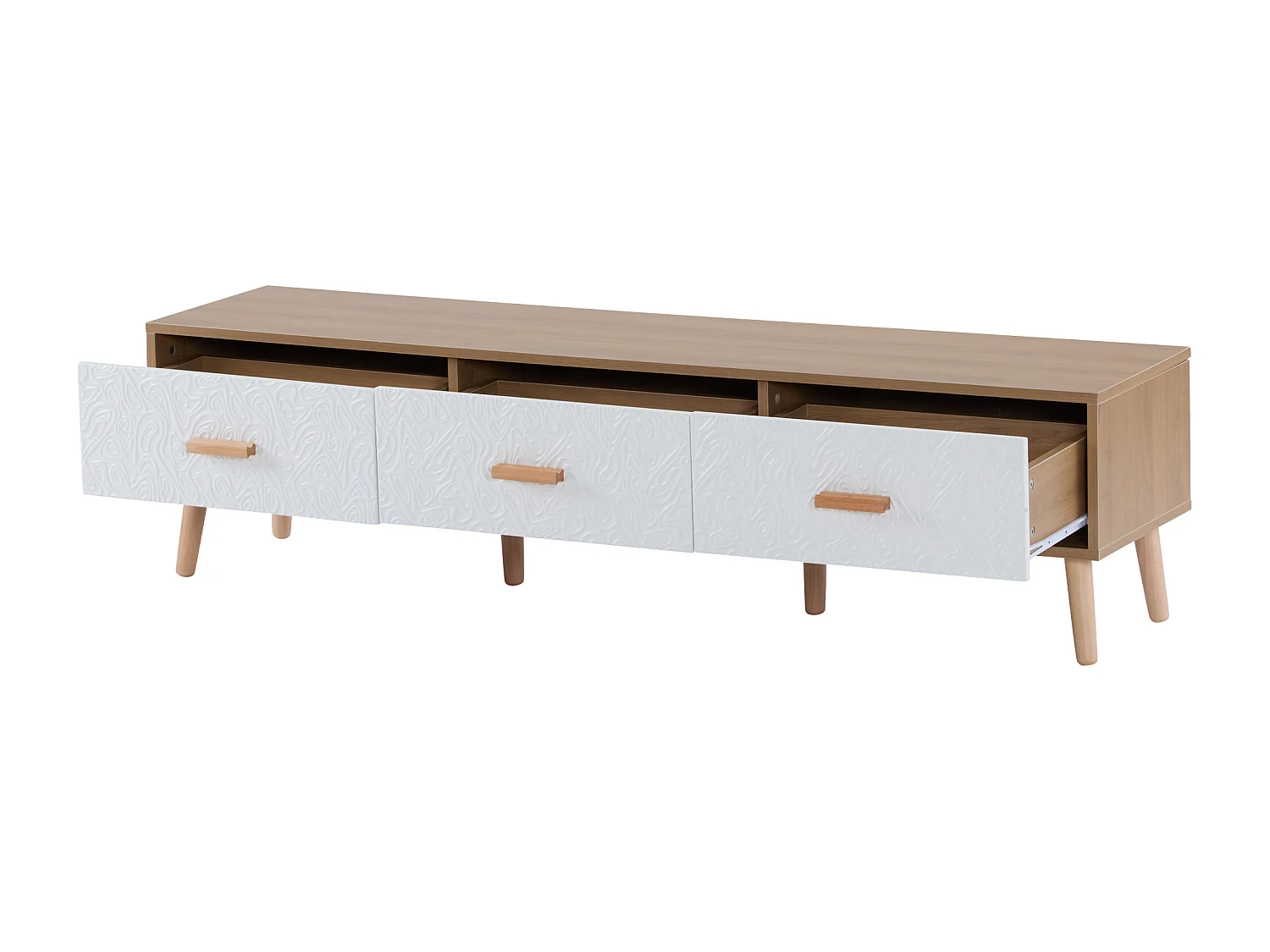 TV-meubel met 3 lades - Gestructureerd wit deurpaneel - Natuurlijke kleur 150x35x39cm