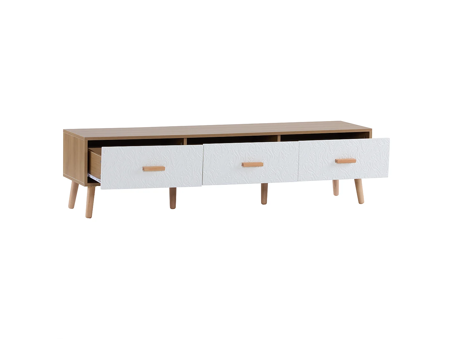 TV-meubel met 3 lades - Gestructureerd wit deurpaneel - Natuurlijke kleur 150x35x39cm