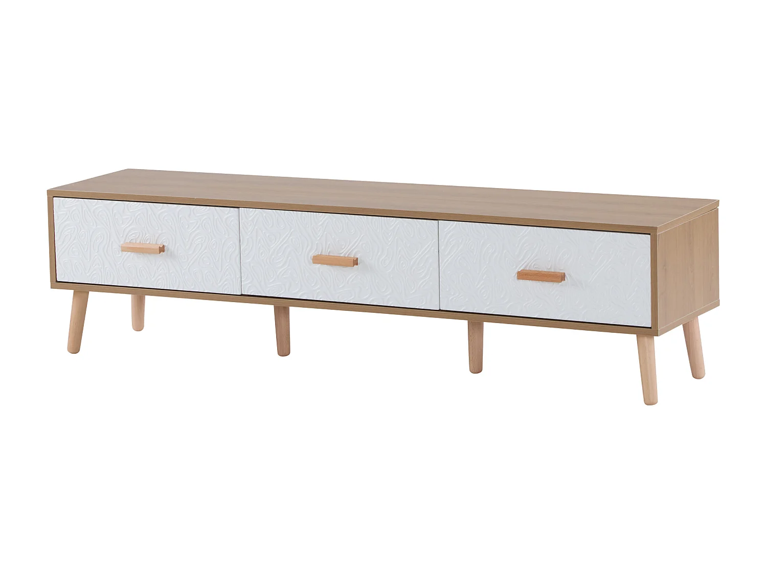 TV-meubel met 3 lades - Gestructureerd wit deurpaneel - Natuurlijke kleur 150x35x39cm