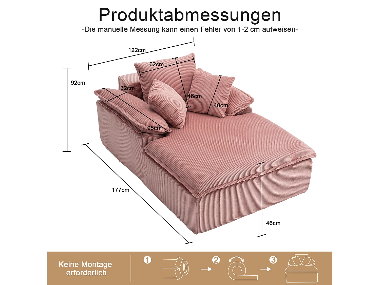 Canapé inclinable 1 place - Fauteuil lounge en velours côtelé - Sans montage - Rose