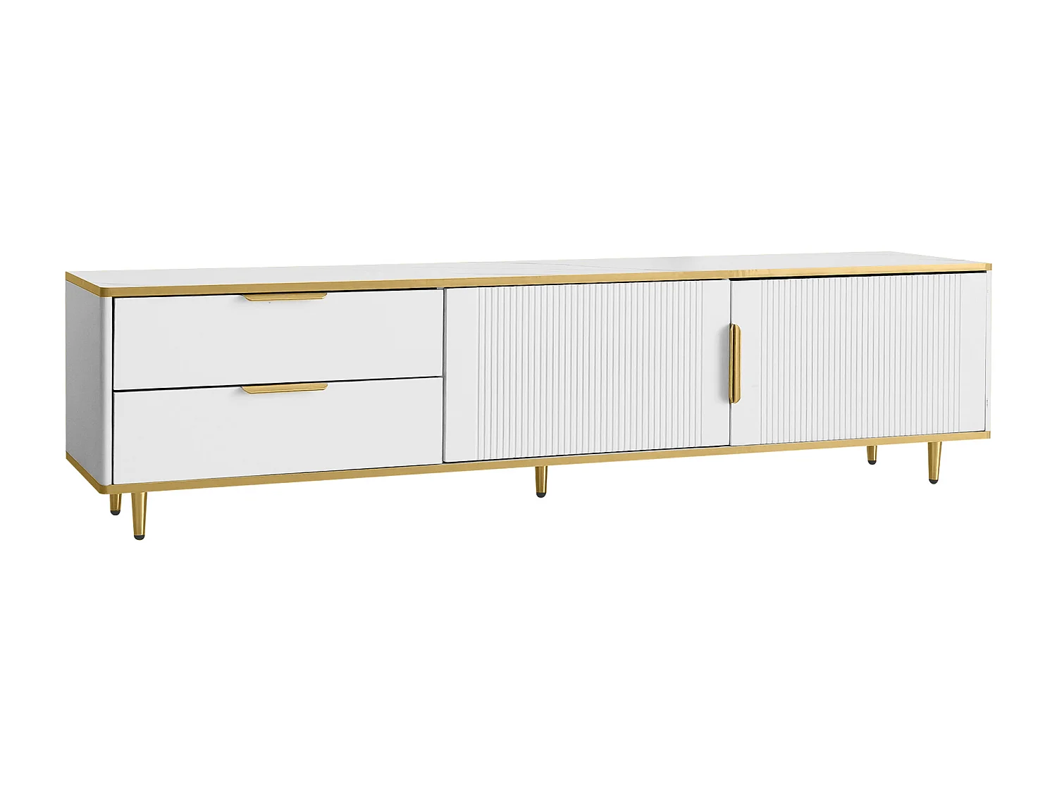 Meuble TV avec 2 portes et 2 tiroirs -poignées et pieds dorés- Blanc