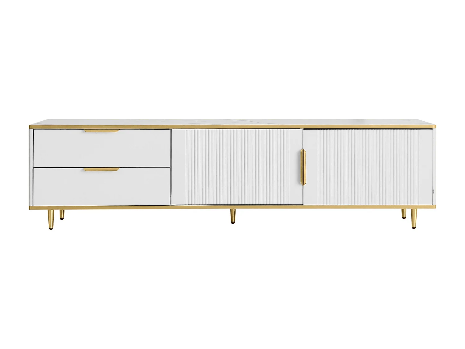 Meuble TV avec 2 portes et 2 tiroirs -poignées et pieds dorés- Blanc