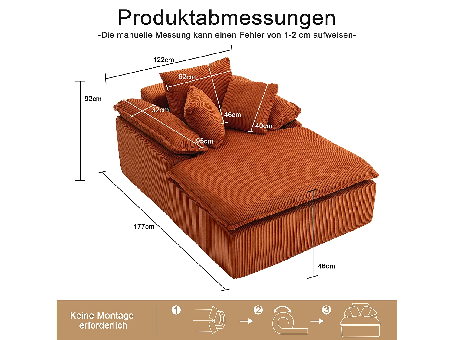 Canapé inclinable 1 place - Fauteuil lounge en velours côtelé - Sans montage - Couleur orange