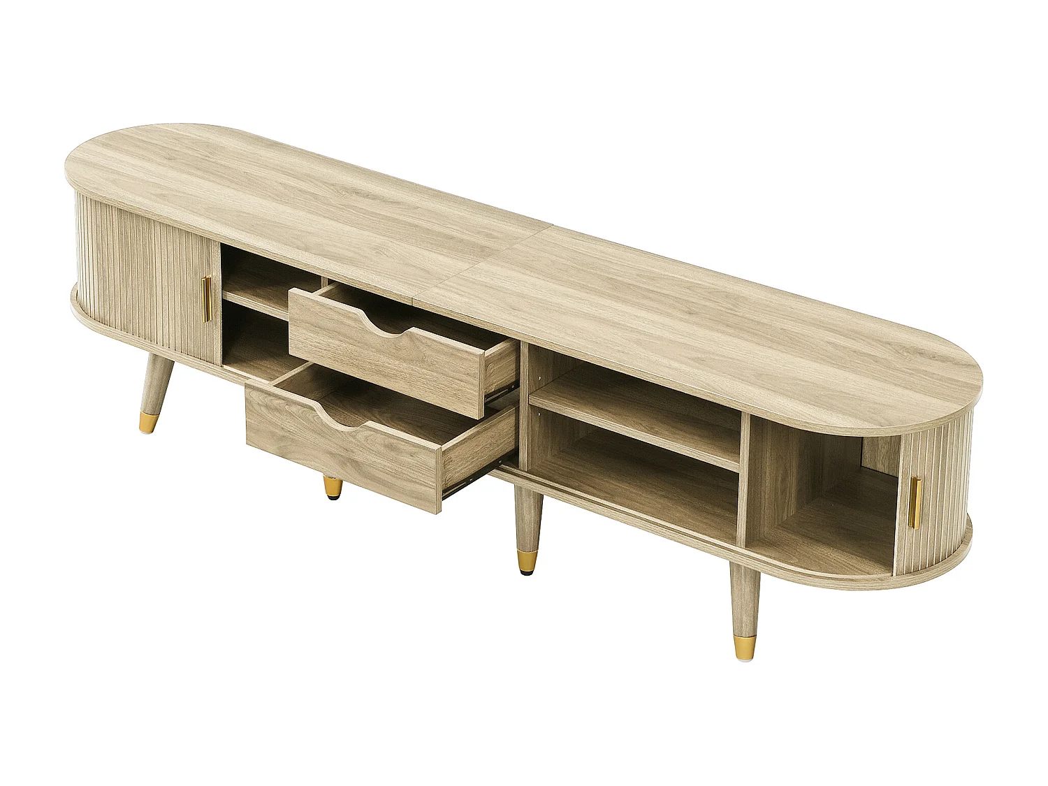 Meuble TV avec 2 tiroirs et 2 portes coulissantes - Couleur bois de chêne