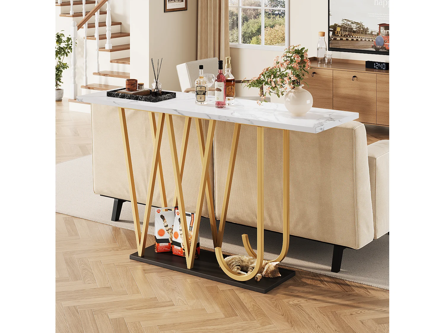 Consoletafel met gouden metalen poten - Marmerlook blad 120 x 29,5 x 80 cm