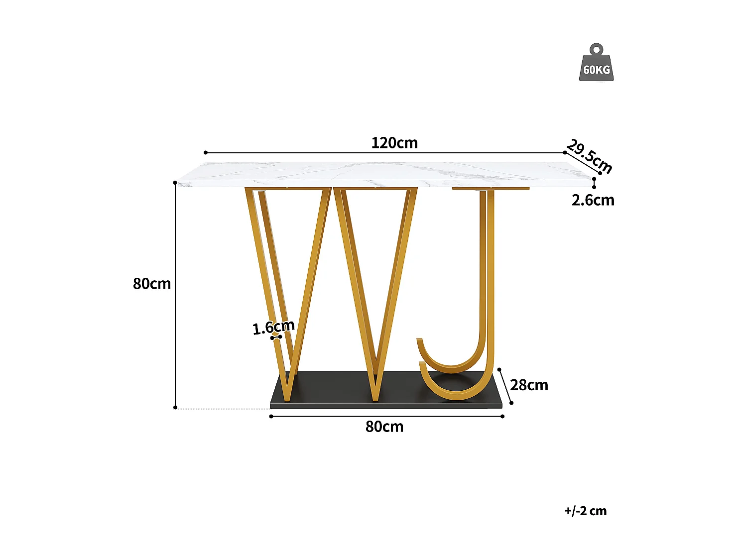 Consoletafel met gouden metalen poten - Marmerlook blad 120 x 29,5 x 80 cm