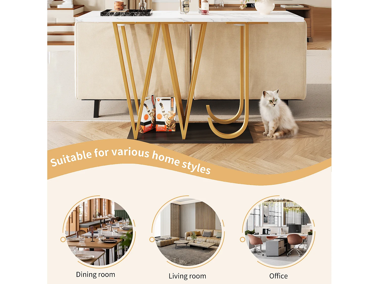 Consoletafel met gouden metalen poten - Marmerlook blad 120 x 29,5 x 80 cm