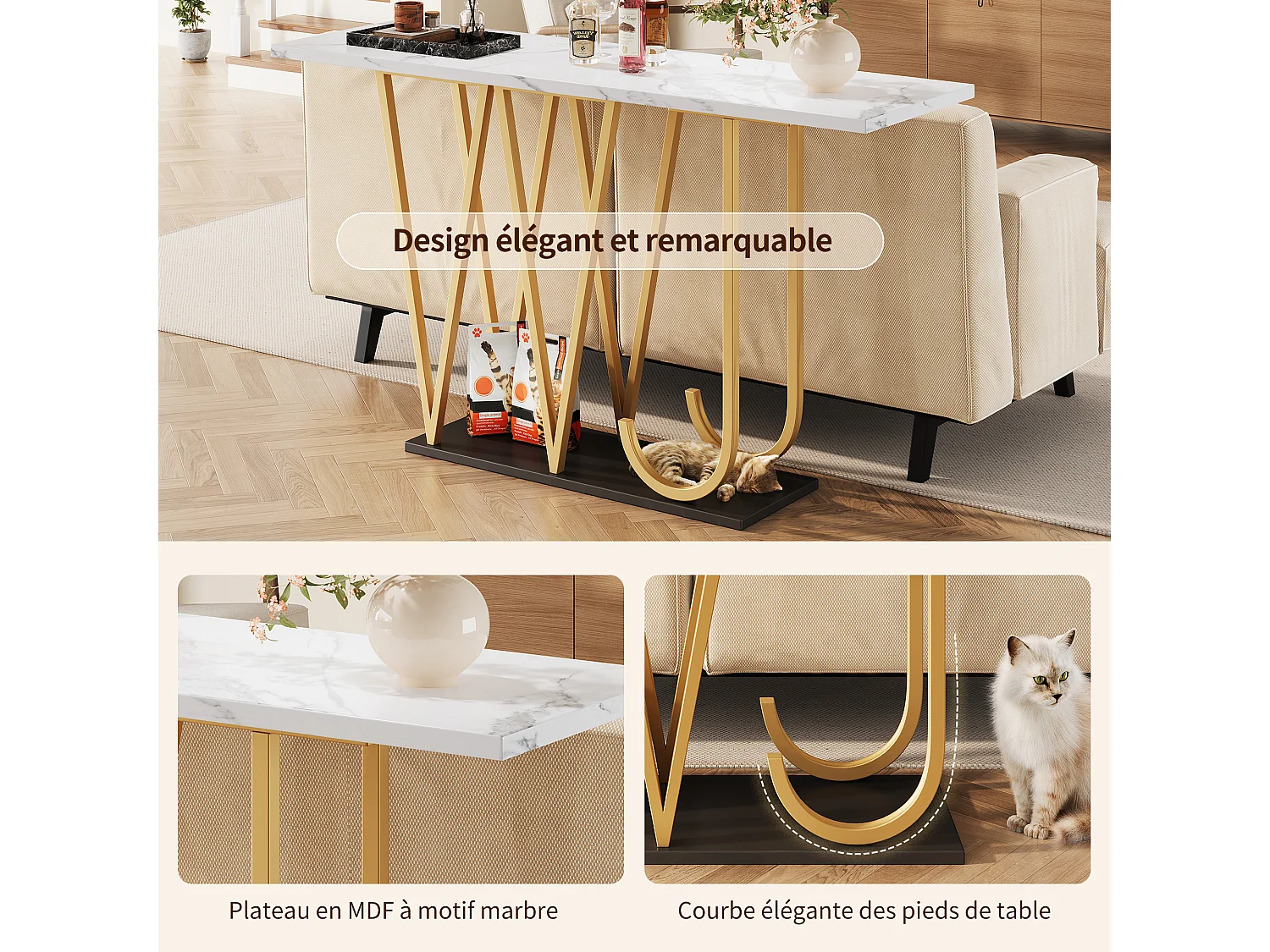 Consoletafel met gouden metalen poten - Marmerlook blad 120 x 29,5 x 80 cm