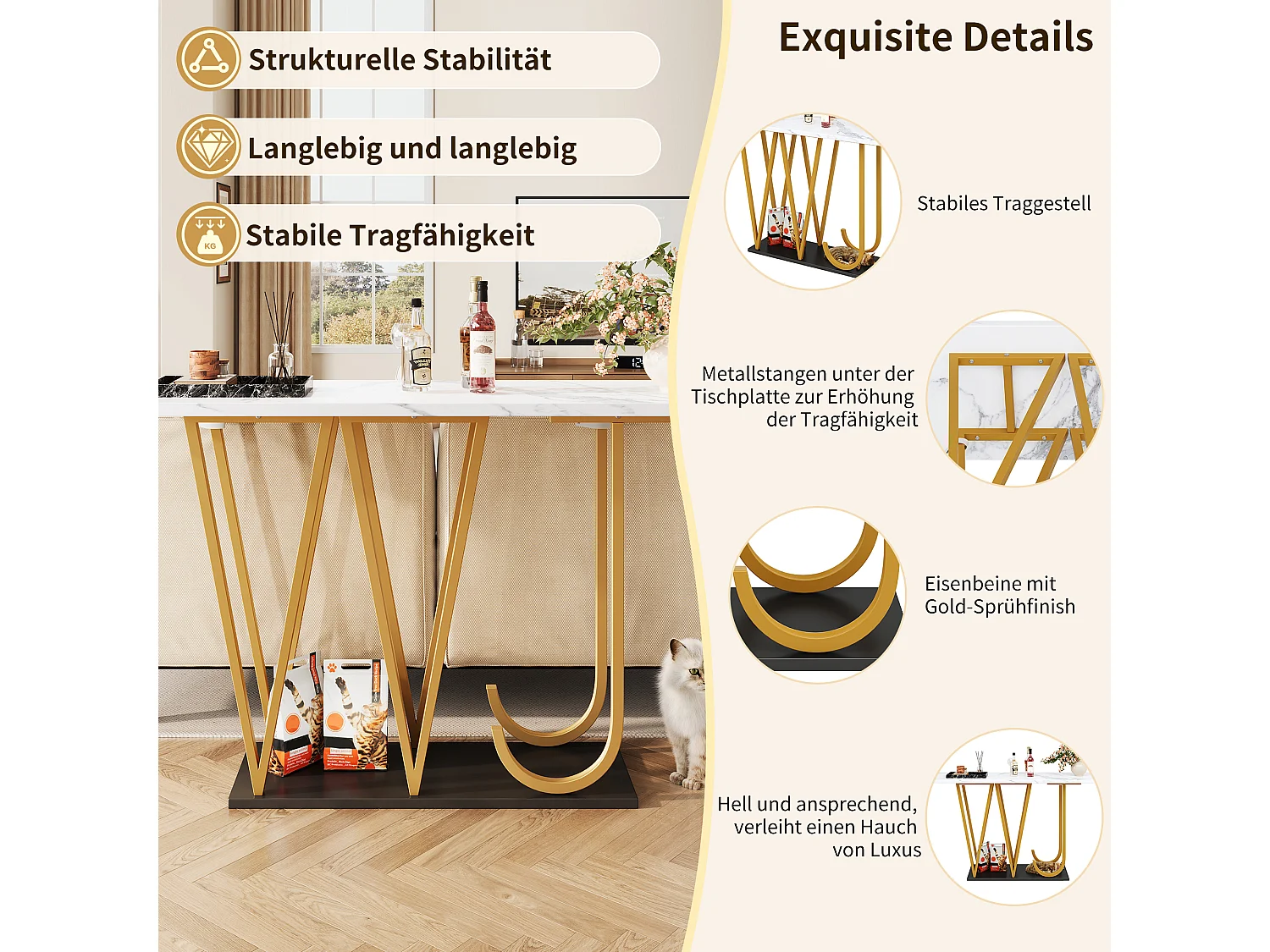 Consoletafel met gouden metalen poten - Marmerlook blad 120 x 29,5 x 80 cm