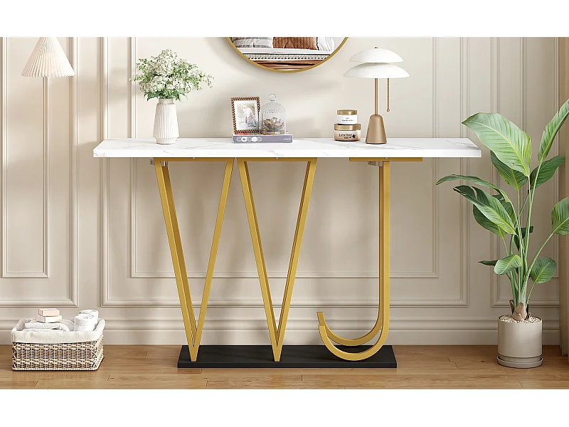 Consoletafel met gouden metalen poten - Marmerlook blad 120 x 29,5 x 80 cm