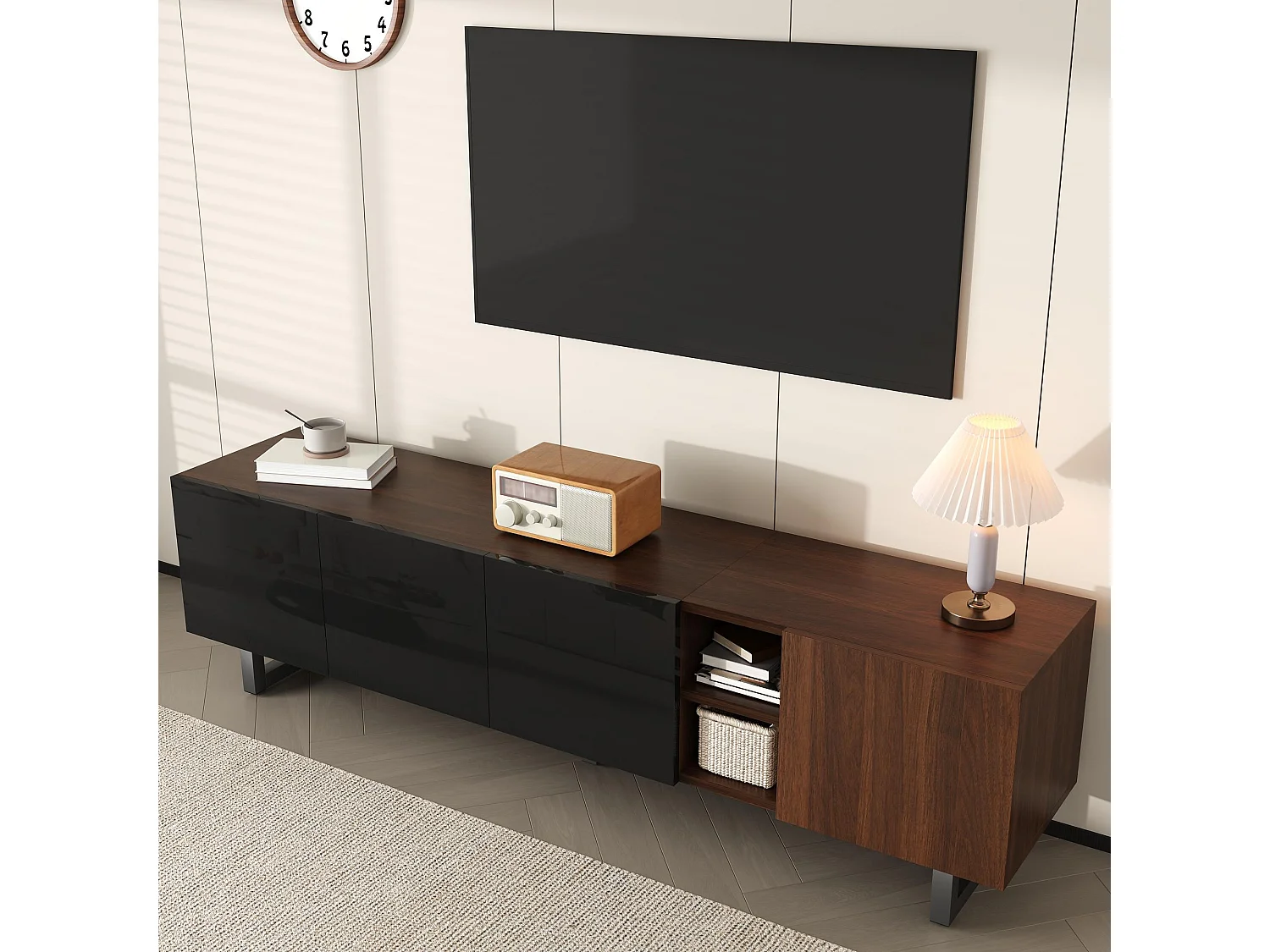 TV-meubel met 4 deuren - Glanzend zwarte afwerking - Houtkleur 180 x 38 x 50 cm