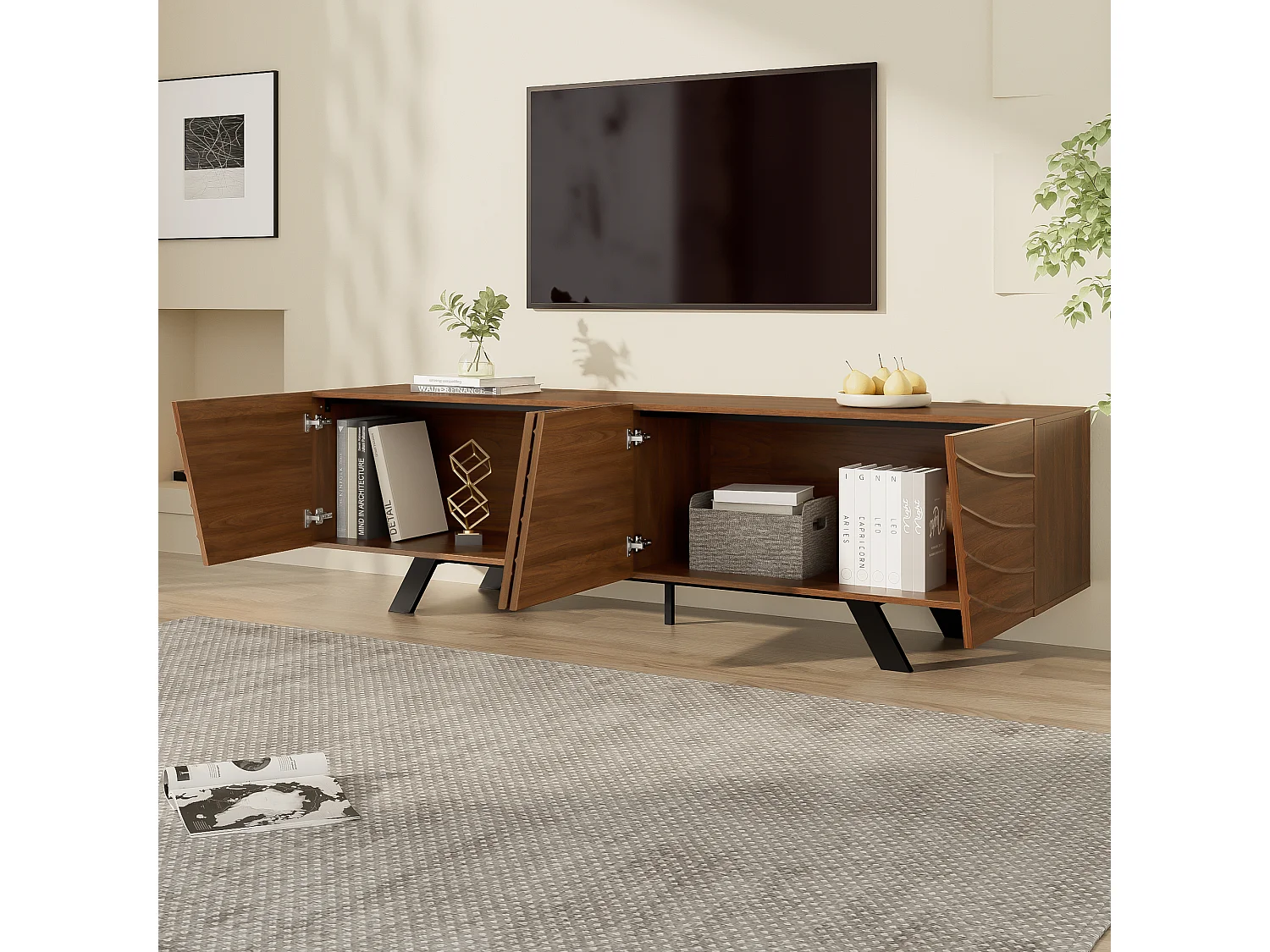 Meuble TV ondulé avec 4 portes et gestion câble - Pieds en métal noir - Couleur bois foncé