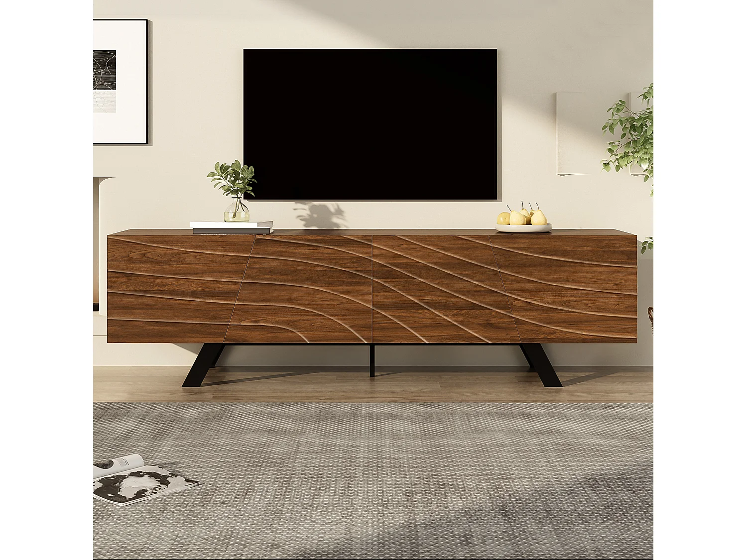 Meuble TV ondulé avec 4 portes et gestion câble - Pieds en métal noir - Couleur bois foncé