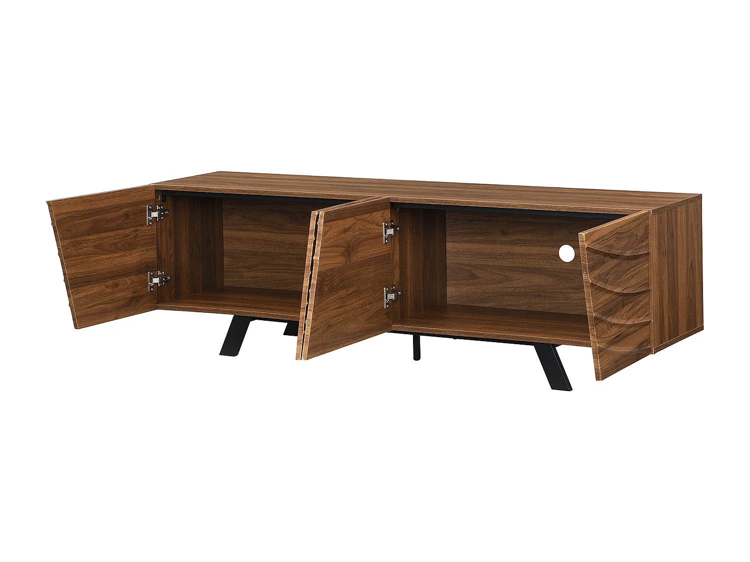 Meuble TV ondulé avec 4 portes et gestion câble - Pieds en métal noir - Couleur bois foncé