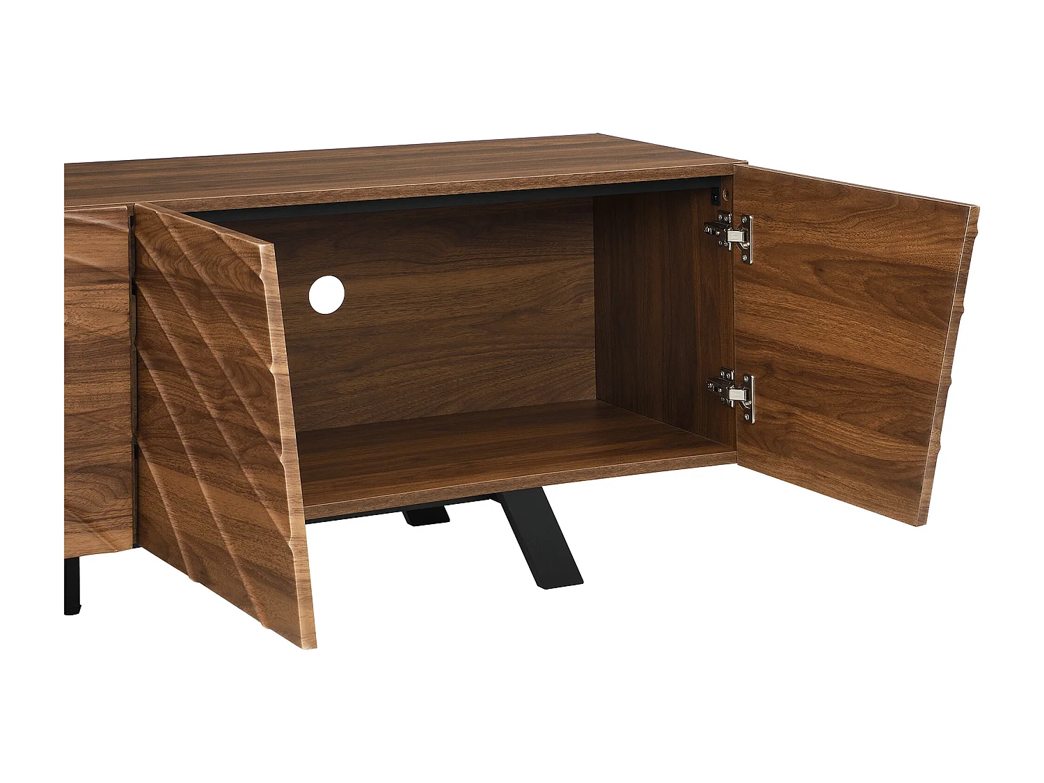 Meuble TV ondulé avec 4 portes et gestion câble - Pieds en métal noir - Couleur bois foncé