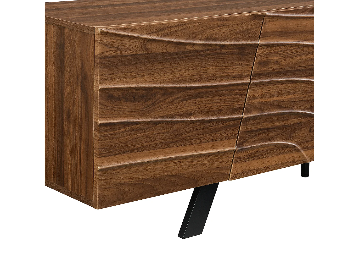 Meuble TV ondulé avec 4 portes et gestion câble - Pieds en métal noir - Couleur bois foncé