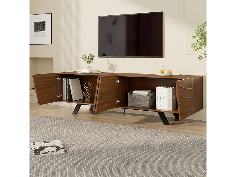 Meuble TV ondulé avec 4 portes et gestion câble - Pieds en métal noir - Couleur bois foncé