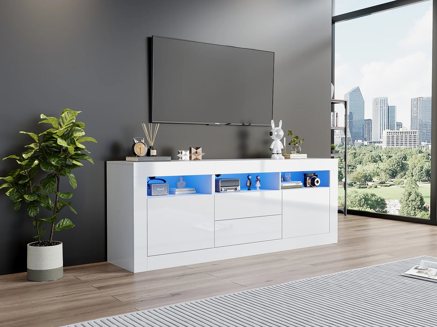 Hoogglans tv-meubel met ledverlichting, 2 deuren en 2 lades - Wit PB-hout