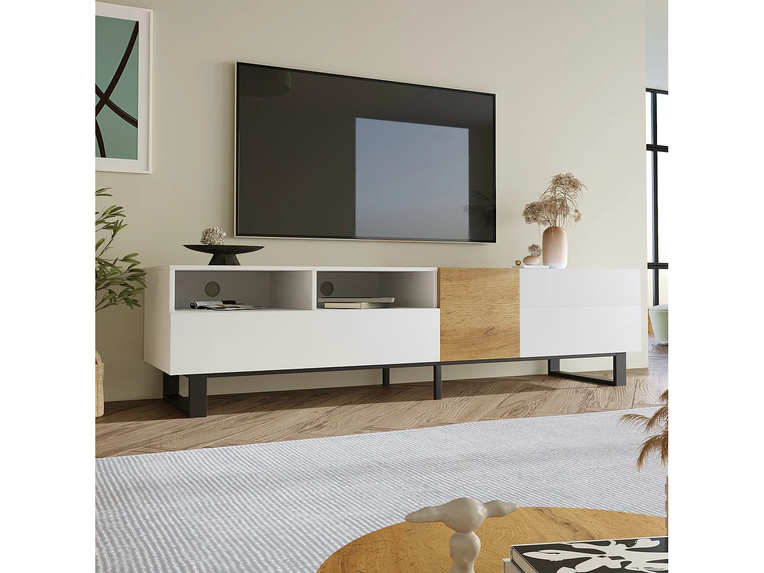 Meuble TV avec 2 tiroirs et 2 portes - pieds en métal - Couleur blanc et bois