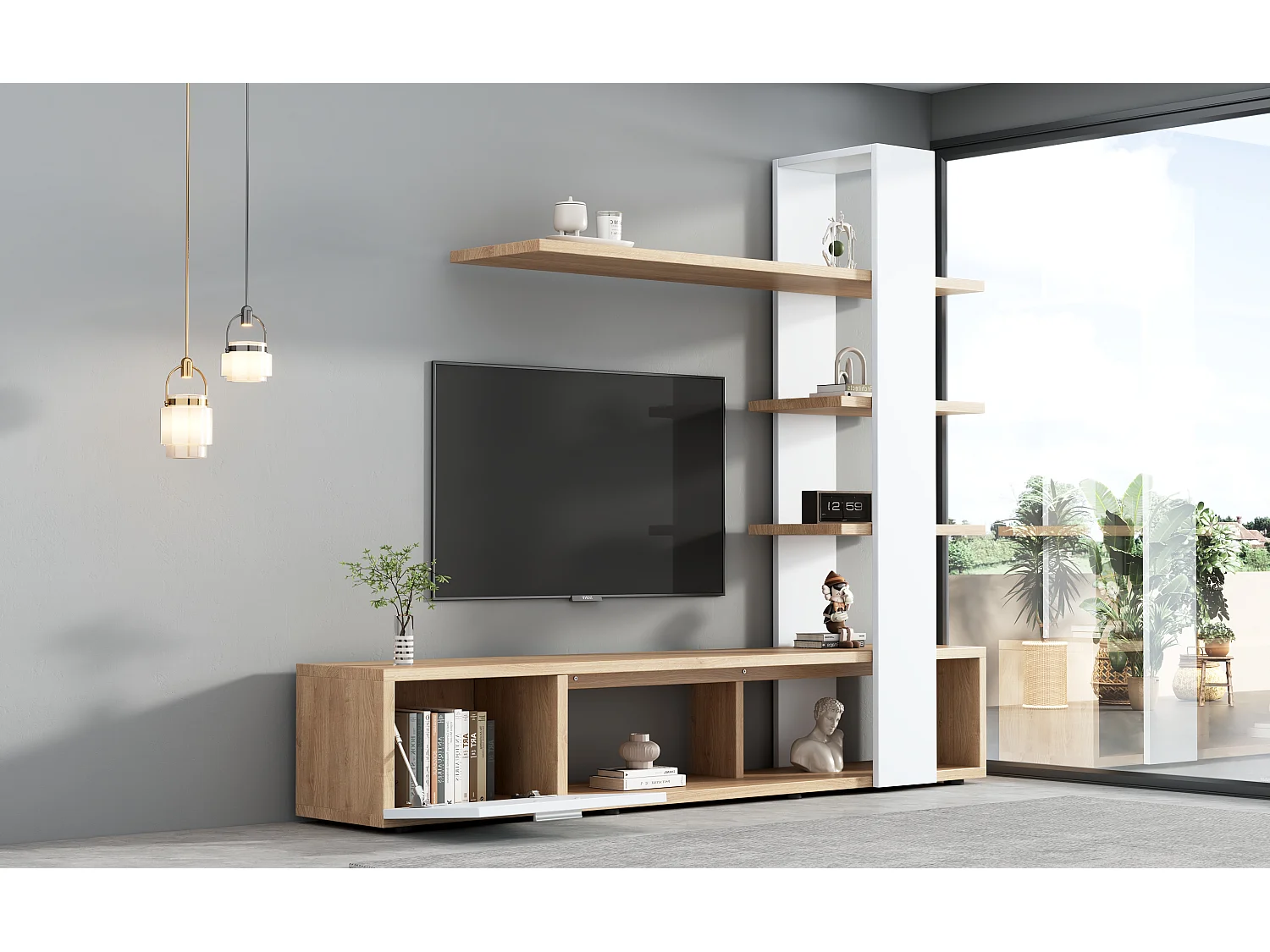 TV-meubel met planken - Wit en houtkleur