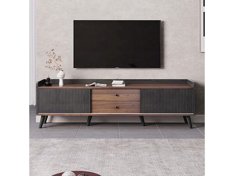 Meuble TV avec 2 tiroirs et 2 portes coulissantes, porte rayée, noir et bois
