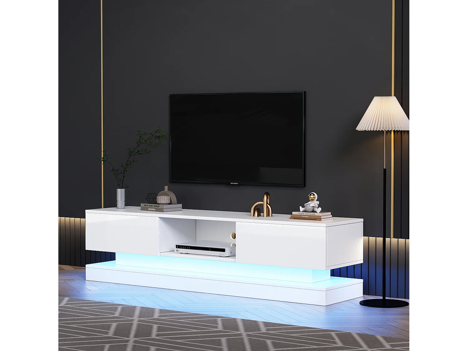 Hoogglans wit gelakt tv-meubel met ledverlichting en 2 lades, 160 x 35 x 40,5 cm