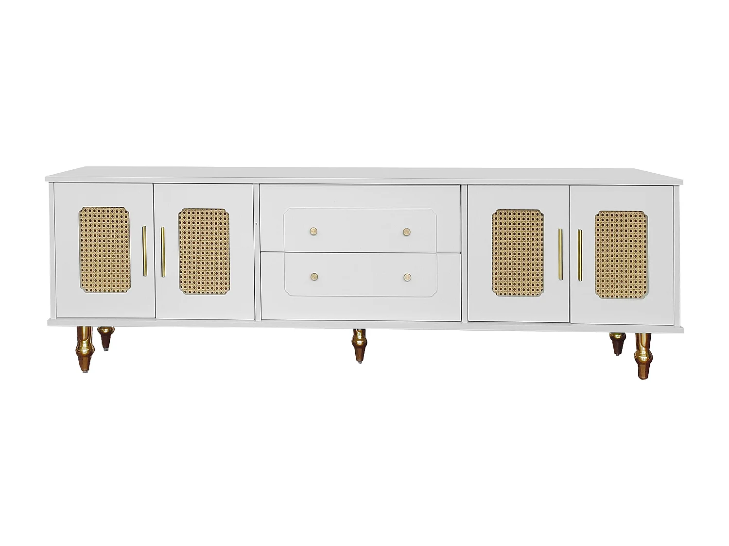 Meuble TV avec 4 portes en rotin et 2 tiroirs - Pieds en métal doré- Blanc
