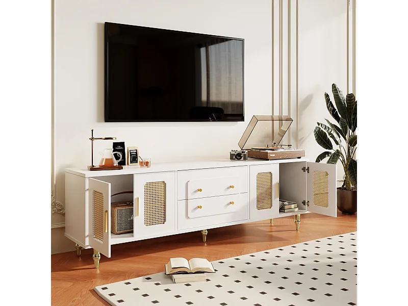 Meuble TV avec 4 portes en rotin et 2 tiroirs - Pieds en métal doré- Blanc