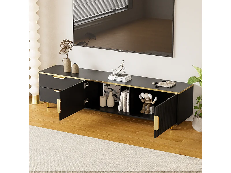 TV-meubel met 2 deuren en 2 lades - gouden handgrepen en poten - Zwart