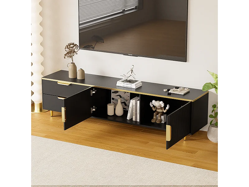 Suporte para TV com 2 portas e 2 gavetas - puxadores e pés dourados - Preto