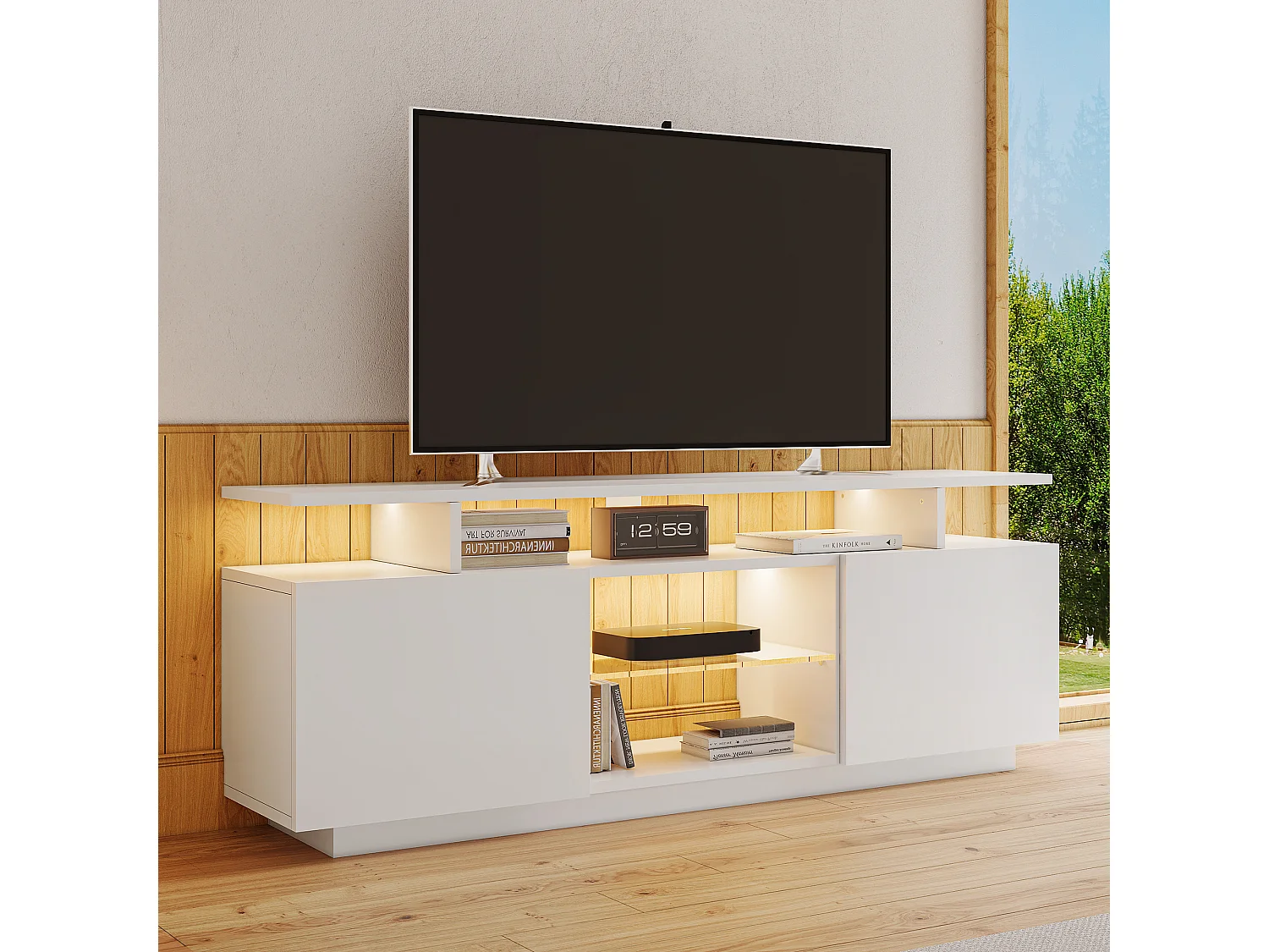 Meuble TV blanc avec éclairage LED 16 couleurs et 2 portes - pour  40 à 49 pouces télé