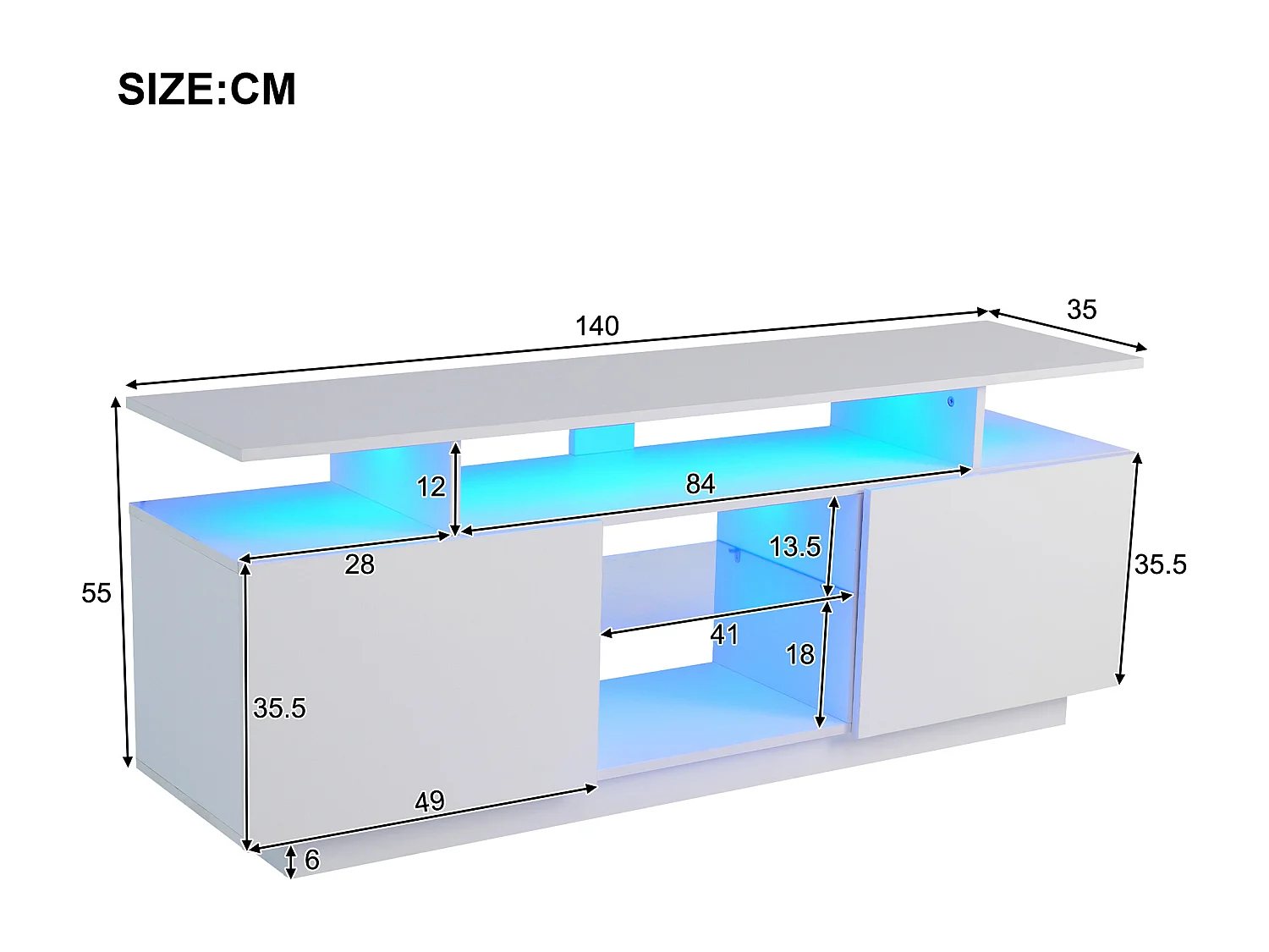 Meuble TV blanc avec éclairage LED 16 couleurs et 2 portes - pour  40 à 49 pouces télé