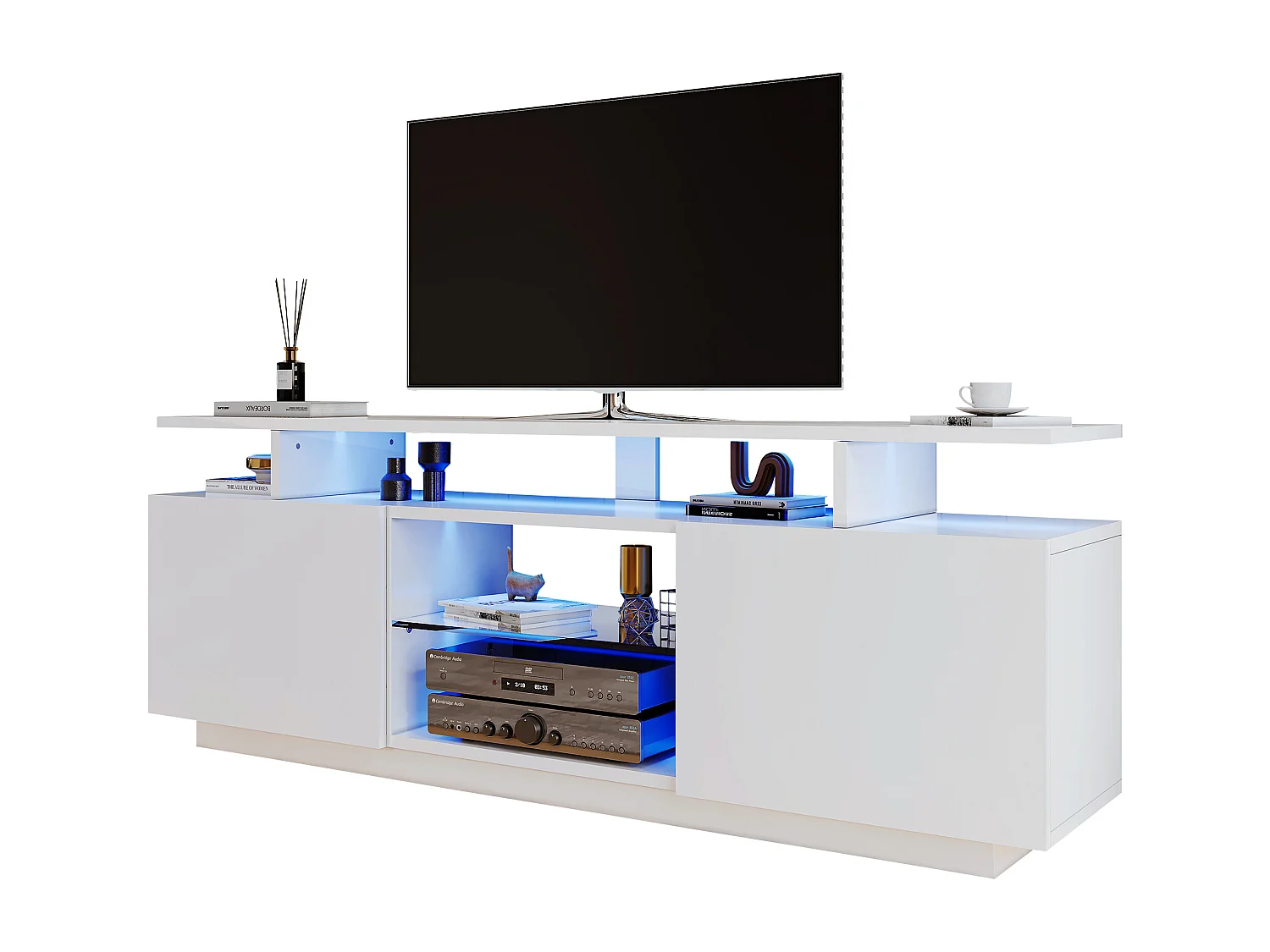 Meuble TV blanc avec éclairage LED 16 couleurs et 2 portes - pour  40 à 49 pouces télé