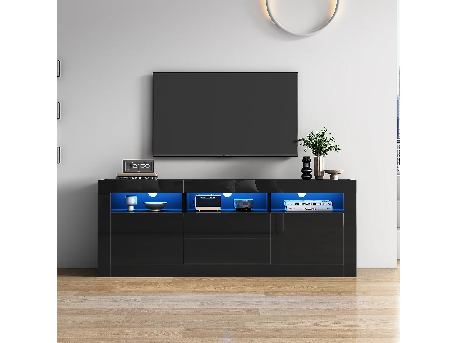 Hoogglans tv-meubel met ledverlichting, 2 deuren en 2 lades - Zwart PB-hout