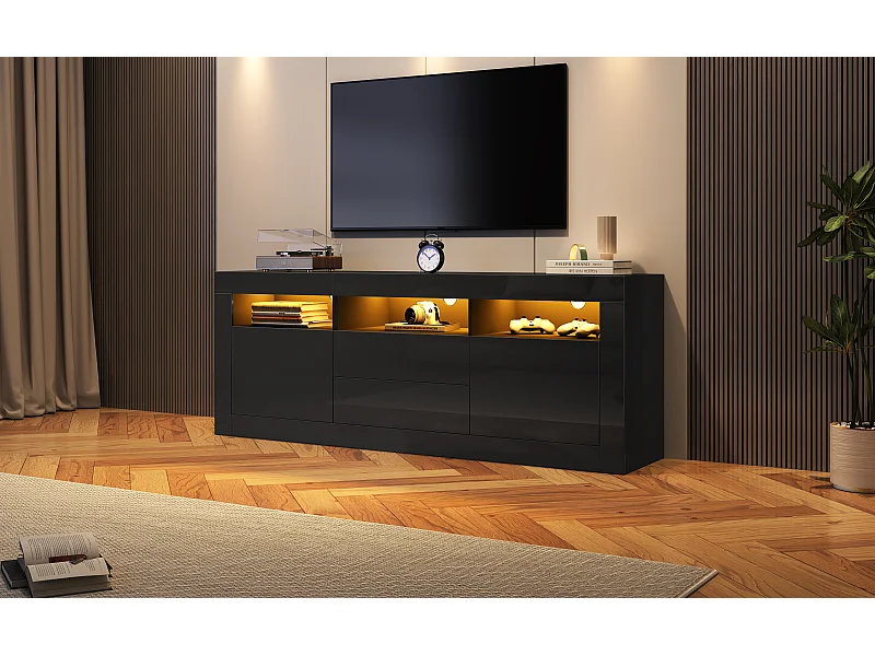 Hoogglans tv-meubel met ledverlichting, 2 deuren en 2 lades - Zwart PB-hout