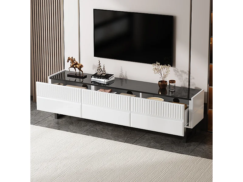 Tv-meubel met 3 lades - Klassiek zwart-wit design - Glanzend blad