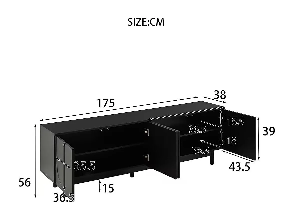 Moderne zwarte tv-standaard met 4 deuren - verstelbare plank - Zwart 175 x 38 x 56 cm